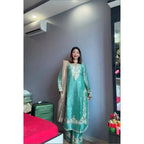 Generic Women's Silk Embroidered 3/4th Sleeve Round Readymade Kurti With Palazzo Pant and Dupatta Set (Sea Green)