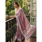 Generic Women's Linen Striped Saree With Unstitched Blouse 5.5Mtr (Magenta)