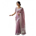 Generic Women's Linen Striped Saree With Unstitched Blouse 5.5Mtr (Magenta)