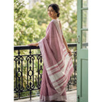 Generic Women's Linen Striped Saree With Unstitched Blouse 5.5Mtr (Magenta)