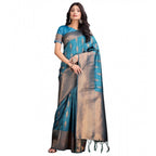 Generic Women's Banarasi Silk Printed Saree With Unstitched Blouse 5.5Mtr (Blue)