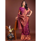 Generic Women's Banarasi Silk Printed Saree With Unstitched Blouse 5.5Mtr (Purple)