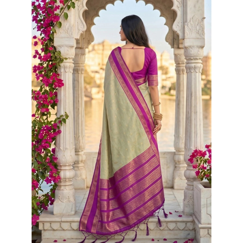 Generic Women's Silk Blend Printed Saree With Unstitched Blouse 5.5Mtr (Light Green-Pink)