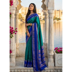 Generic Women's Silk Blend Printed Saree With Unstitched Blouse 5.5Mtr (Teal-Blue)