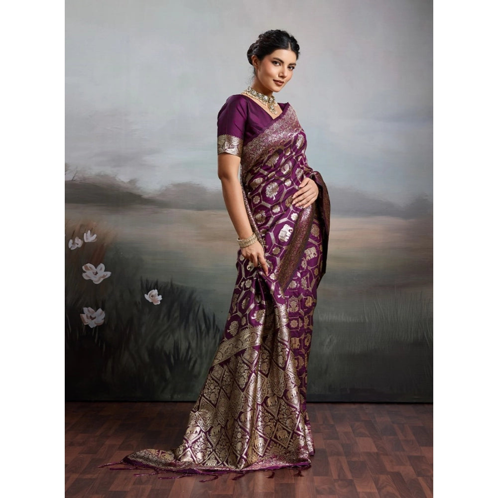 Generic Women's Silk Blend Printed Saree With Unstitched Blouse 5.5Mtr (Wine)