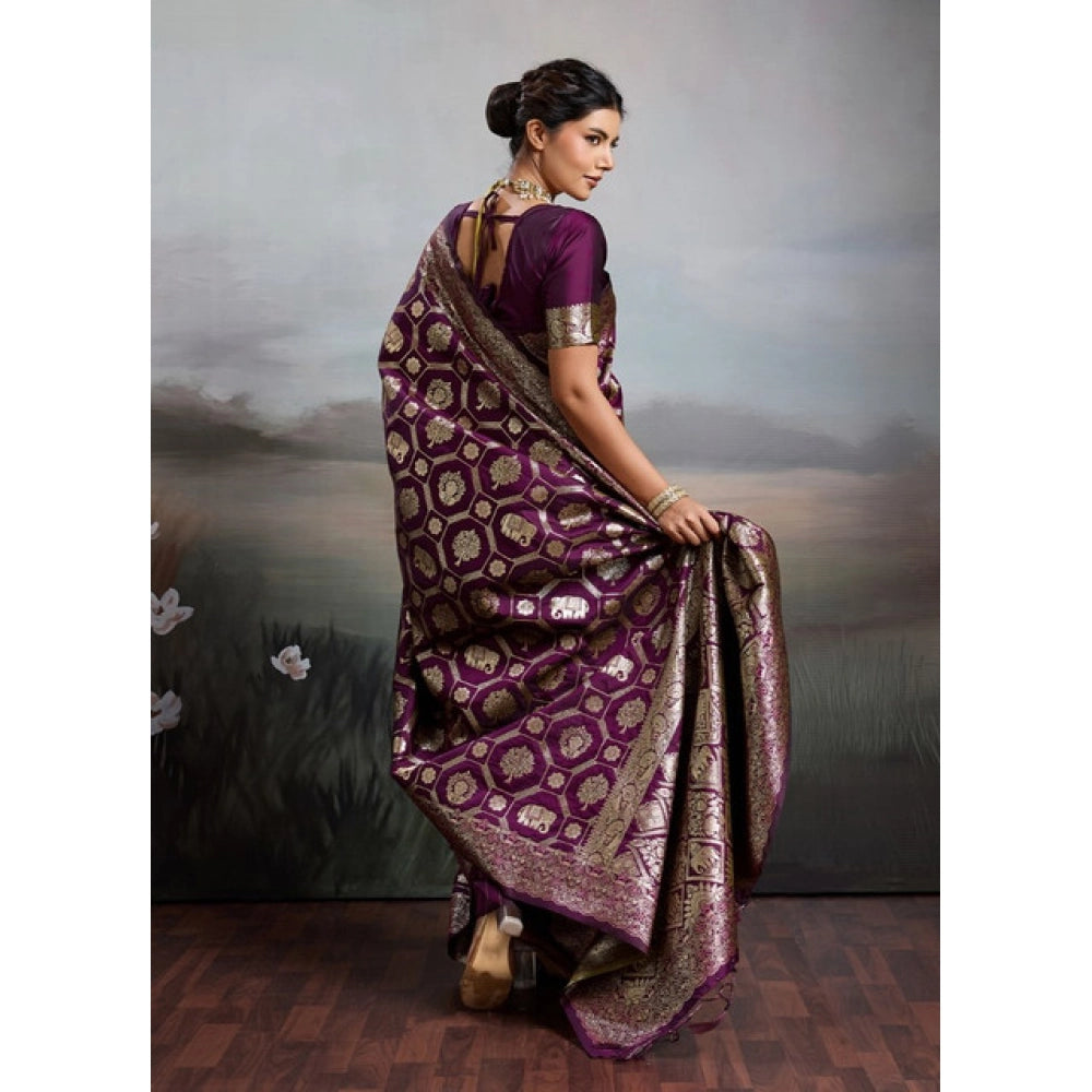 Generic Women's Silk Blend Printed Saree With Unstitched Blouse 5.5Mtr (Wine)