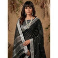 Generic Women's Linen Cotton Printed Saree With Unstitched Blouse 5.5Mtr (Black)