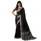 Generic Women's Linen Cotton Printed Saree With Unstitched Blouse 5.5Mtr (Black)