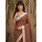 Generic Women's Linen Cotton Printed Saree With Unstitched Blouse 5.5Mtr (Brown)