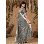 Generic Women's Linen Cotton Printed Saree With Unstitched Blouse 5.5Mtr (Gray)