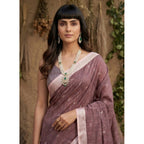 Generic Women's Linen Cotton Printed Saree With Unstitched Blouse 5.5Mtr (Purple)