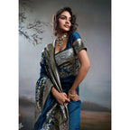 Generic Women's Silk Blend Printed Saree With Unstitched Blouse 5.5Mtr (Navy Blue)
