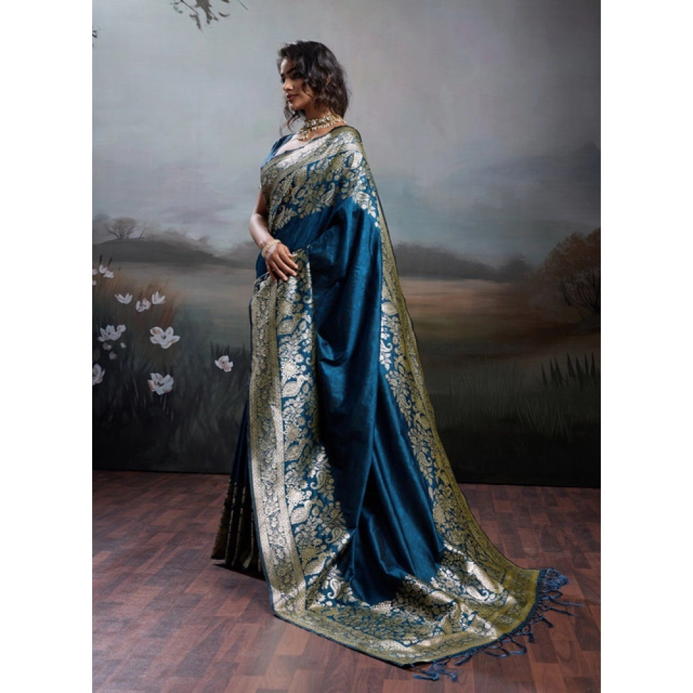 Generic Women's Silk Blend Printed Saree With Unstitched Blouse 5.5Mtr (Navy Blue)
