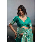Generic Women's Silk Blend Printed Saree With Unstitched Blouse 5.5Mtr (Teal Green)