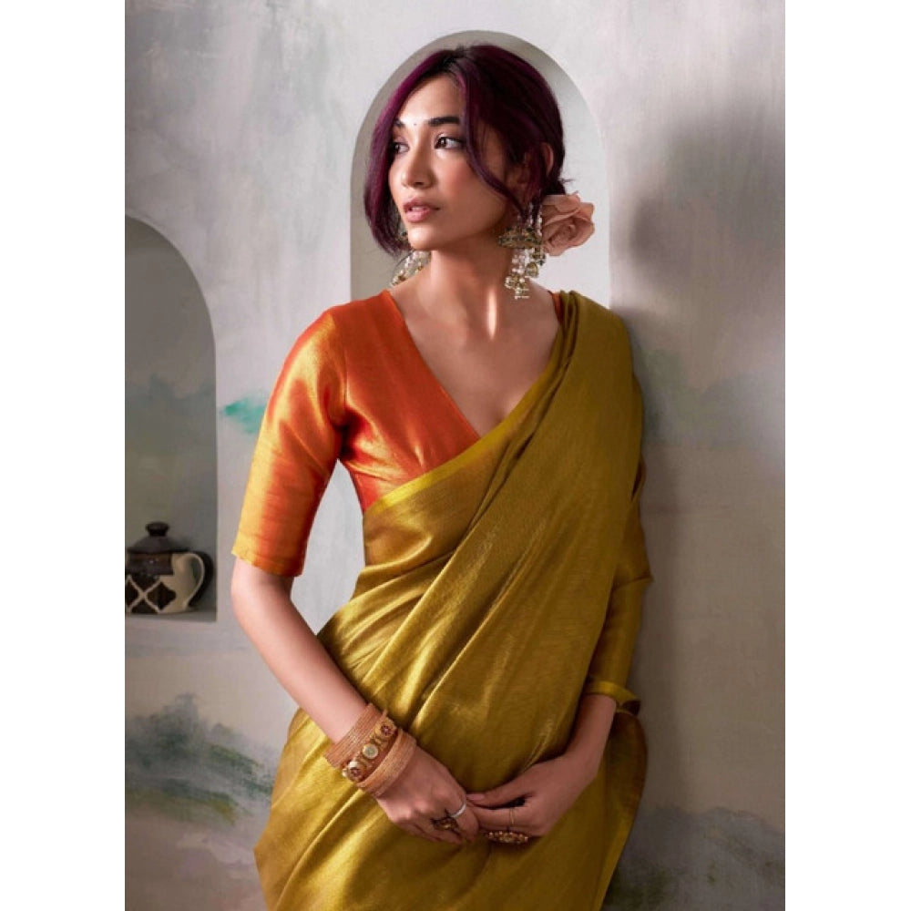Generic Women's Tissue Silk Solid Saree With Unstitched Blouse 5.5Mtr (Mustard)