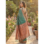 Generic Women's Linen Cotton Printed Saree With Unstitched Blouse 5.5Mtr (Green)
