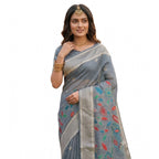 Generic Women's Linen Cotton Floral Embroidered Saree With Unstitched Blouse 5.5Mtr (Gray)