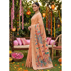 Generic Women's Linen Cotton Floral Embroidered Saree With Unstitched Blouse 5.5Mtr (Peach)