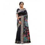 Generic Women's Linen Cotton Floral Embroidered Saree With Unstitched Blouse 5.5Mtr (Black)