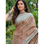 Generic Women's Linen Floral Embroidered Saree With Unstitched Blouse 5.5Mtr (Brown)
