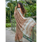 Generic Women's Linen Floral Embroidered Saree With Unstitched Blouse 5.5Mtr (Brown)