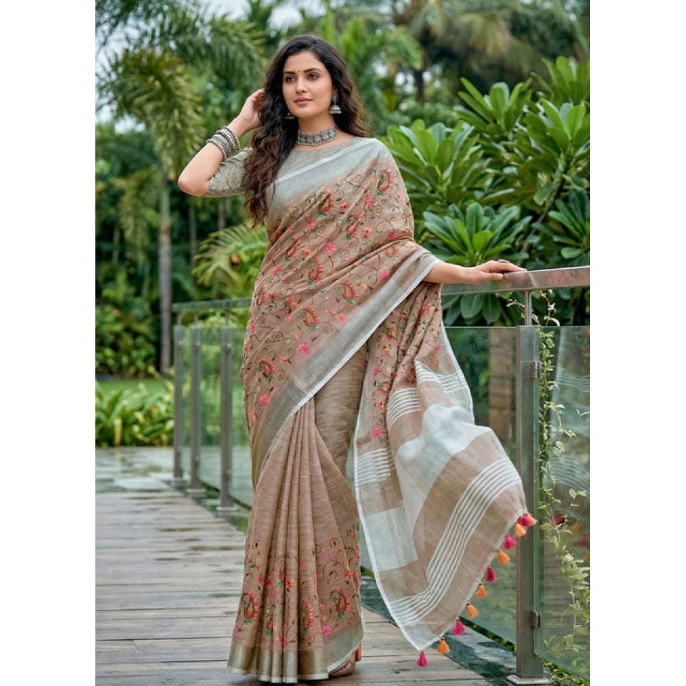 Generic Women's Linen Floral Embroidered Saree With Unstitched Blouse 5.5Mtr (Brown)
