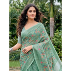 Generic Women's Linen Floral Embroidered Saree With Unstitched Blouse 5.5Mtr (Sea Green)