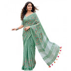 Generic Women's Linen Floral Embroidered Saree With Unstitched Blouse 5.5Mtr (Sea Green)