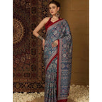 Generic Women's Crepe Printed Saree With Unstitched Blouse 5.5Mtr (Navy Blue)