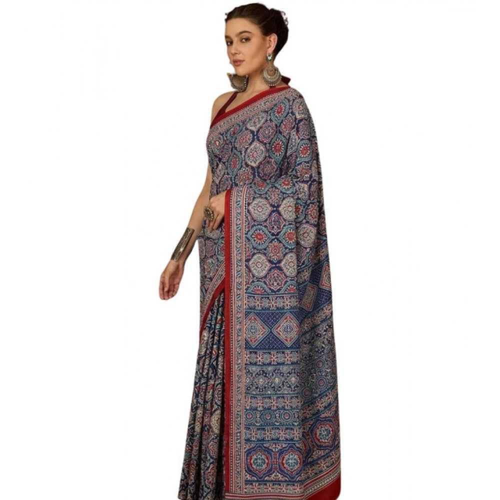 Generic Women's Crepe Printed Saree With Unstitched Blouse 5.5Mtr (Navy Blue)