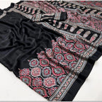 Generic Women's Crepe Printed Saree With Unstitched Blouse 5.5Mtr (Black)