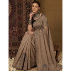 Generic Women's Viscose Silk Embroidered Saree With Unstitched Blouse 5.5Mtr (Brown)