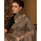 Generic Women's Viscose Silk Embroidered Saree With Unstitched Blouse 5.5Mtr (Brown)