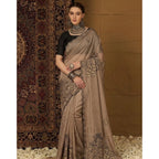 Generic Women's Viscose Silk Embroidered Saree With Unstitched Blouse 5.5Mtr (Brown)