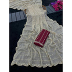 Generic Women's Star Georgette Embroidered Saree With Unstitched Blouse 5.5Mtr (Beige)