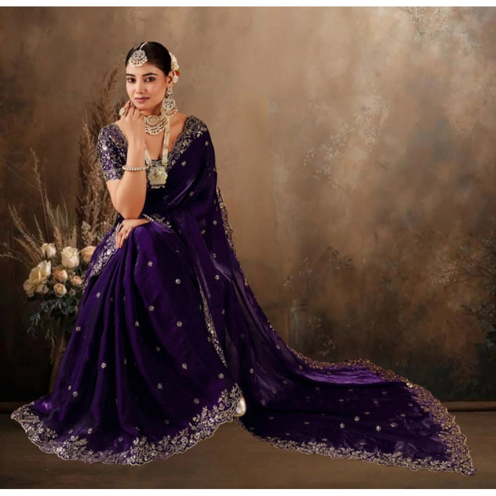Generic Women's Silk Embroidered Saree With Unstitched Blouse 5.5Mtr