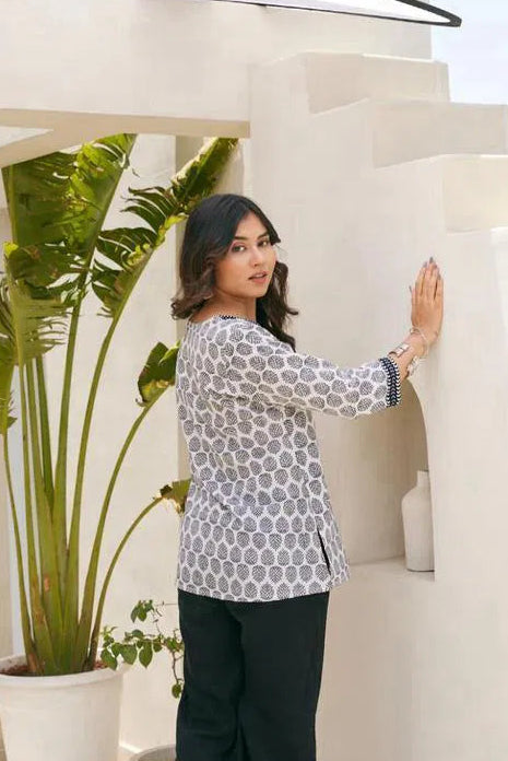 Stylish White Multicolor hand block print cotton kurti for Girls and Women