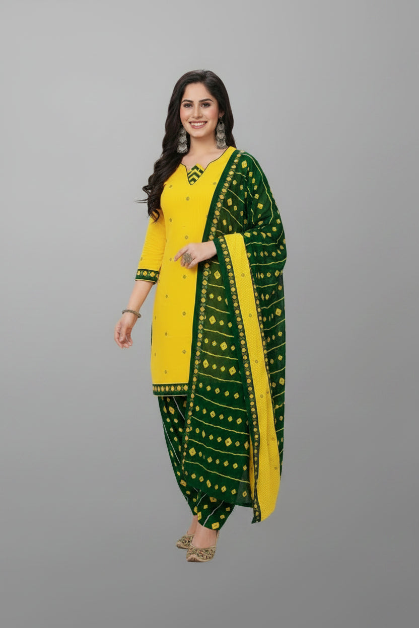 Women’s Printed Crepe Dress Material – Stylish Ethnic Wear (Yellow & Green)