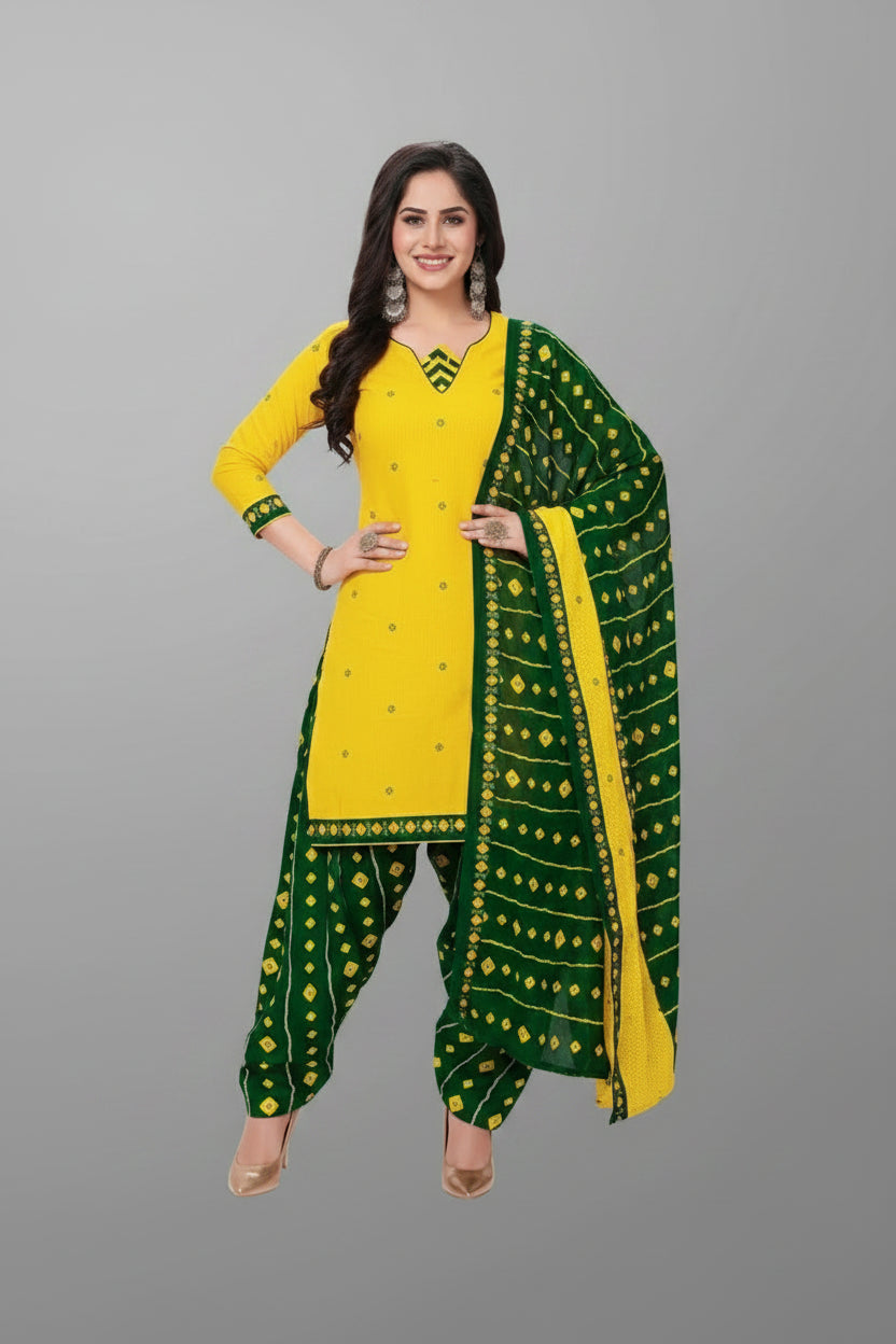Women’s Printed Crepe Dress Material – Stylish Ethnic Wear (Yellow & Green)