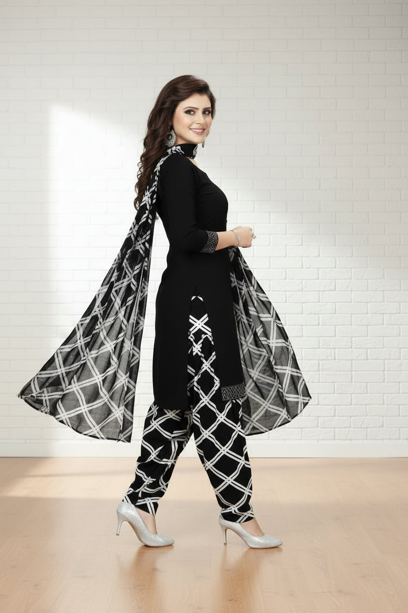 Crepe Printed Dress Material for Women & Girls (Black & White)