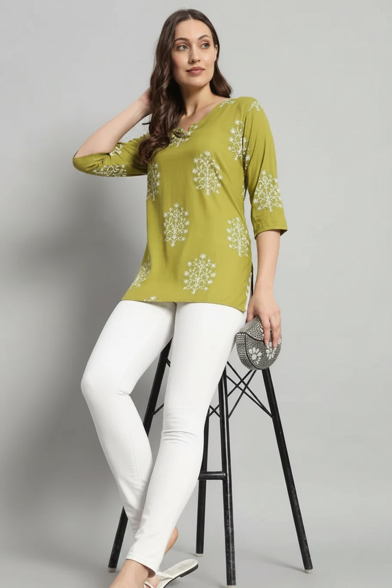Printed Rayon Green Short Kurti For Girls and Women