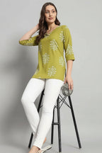 Printed Rayon Green Short Kurti For Girls and Women