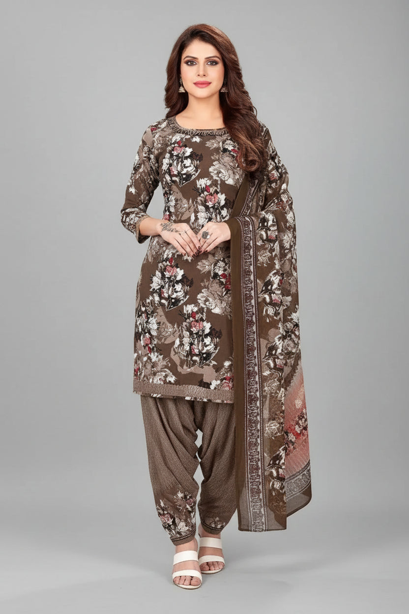 Women’s Printed Crepe Unstitched Dress Material – Elegant Ethnic Fabric (Brown, 2M)