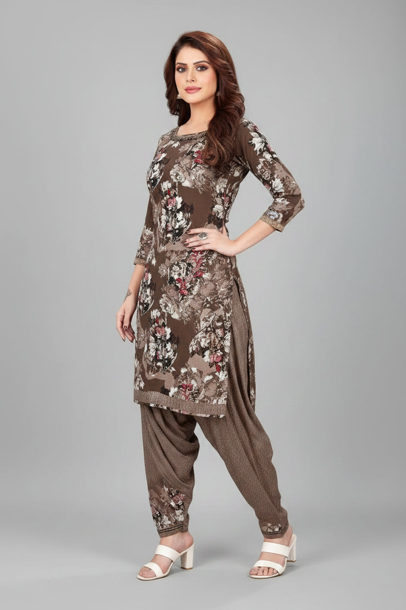 Women’s Printed Crepe Unstitched Dress Material – Elegant Ethnic Fabric (Brown, 2M)