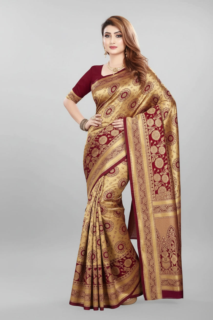 Women’s Jacquard Saree with Blouse – Elegant Festive Wear (Golden & Dark Red, 6.3M)