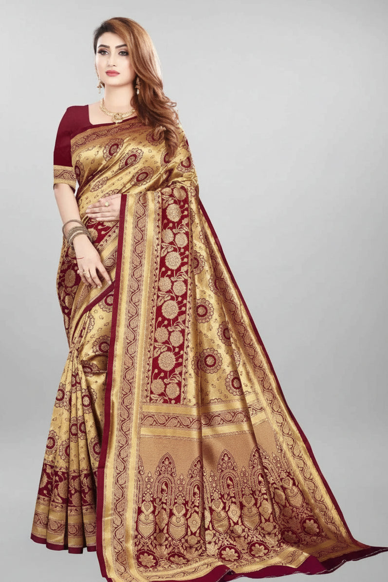 Women’s Jacquard Saree with Blouse – Elegant Festive Wear (Golden & Dark Red, 6.3M)
