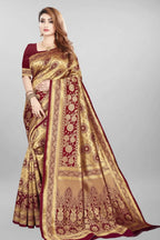 Women’s Jacquard Saree with Blouse – Elegant Festive Wear (Golden & Dark Red, 6.3M)