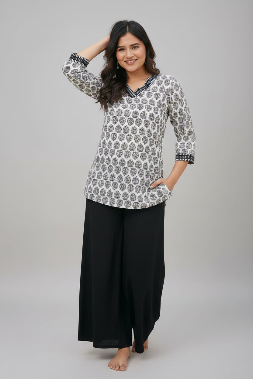 Stylish White Multicolor hand block print cotton kurti for Girls and Women