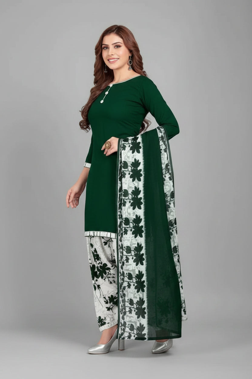 Women’s Crepe Printed Dress Material – Stylish Unstitched Suit Fabric (White & Green)