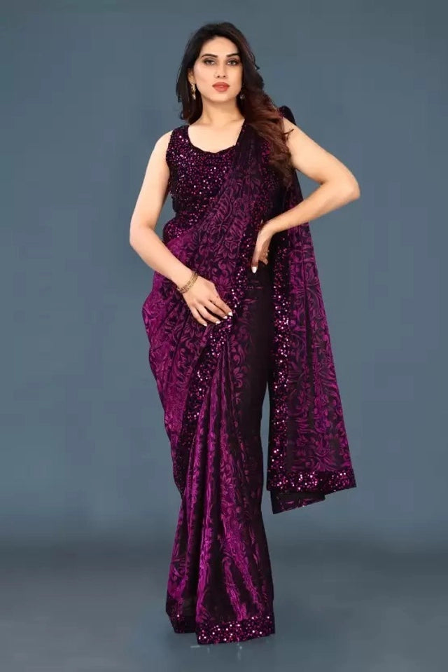 Lycra Blend Solid Saree for Women (Navy Blue, 6.3 m)